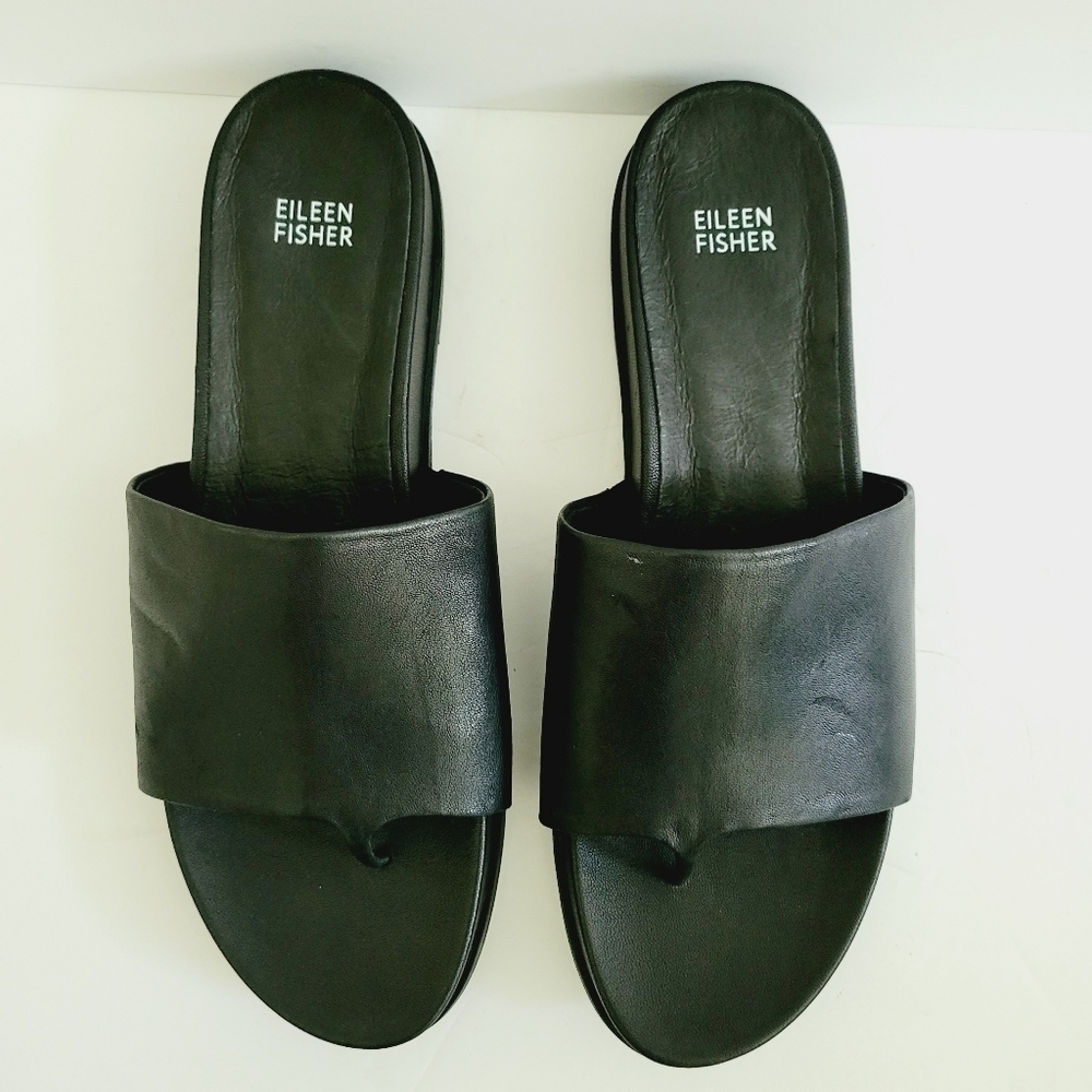 NEW Eileen Fisher Mask Tumbled Black Leather Slides Sandals